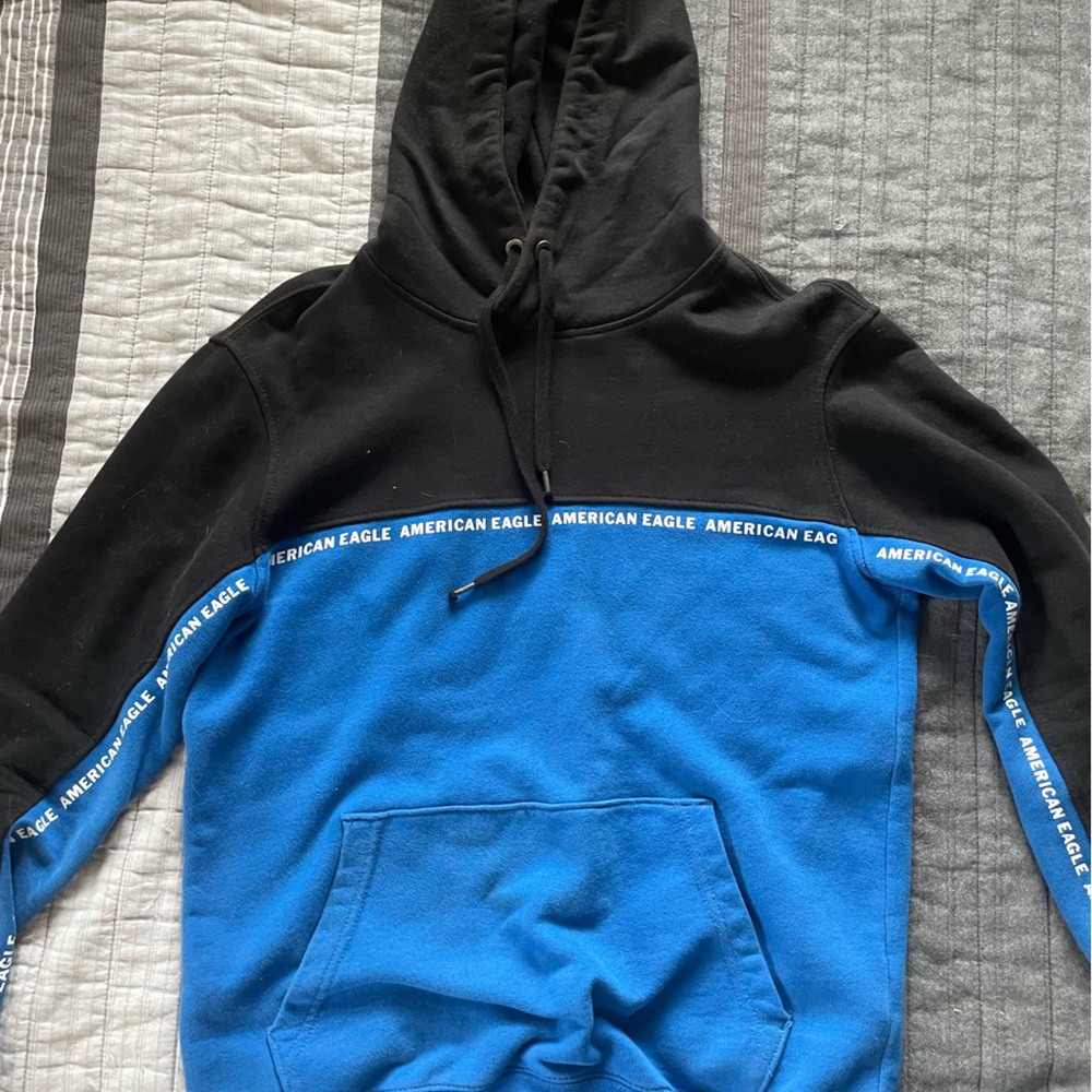 American Eagle Hoodie Men's Size Small Blue And Black Pullover Sweatshirt